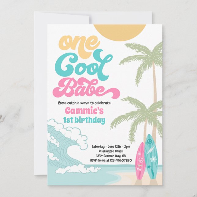 Invitación Un Guay Babe Retro Surf Primer Fiesta de Cumpleaño (Anverso)