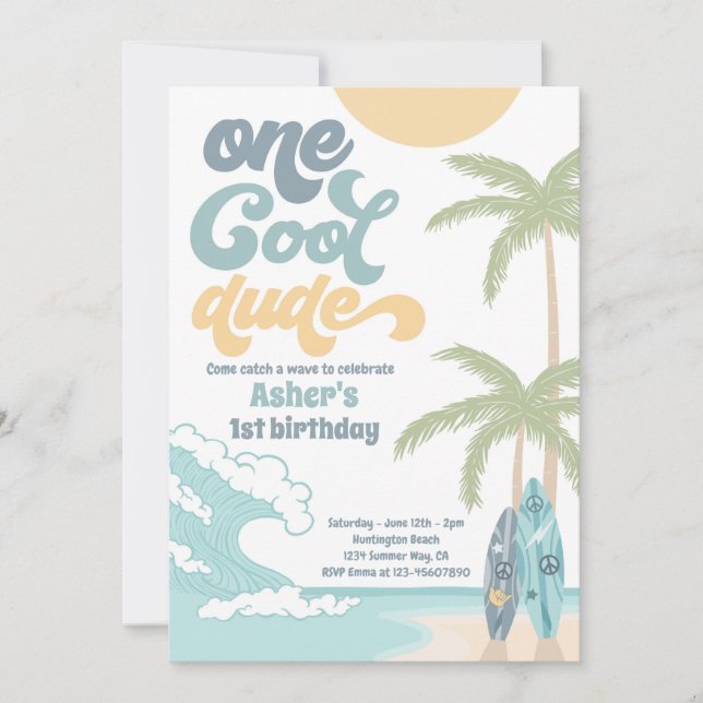 Invitación Un Guay Dude Retro Surf Primer Fiesta de cumpleaño (Anverso)