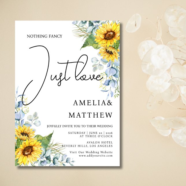 Invitación Un guion de girasol rústico solo ama al Boda de la (Rustic Sunflower Script Just Love Greenery Wedding Invitation)