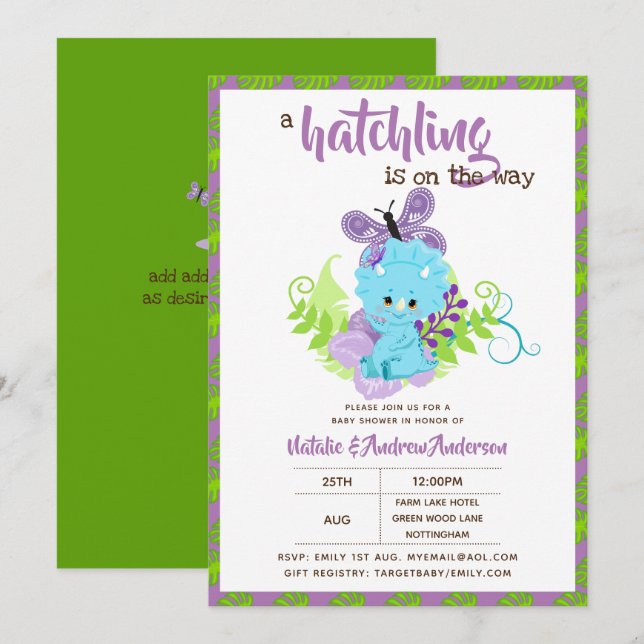 Invitación Un Hatchling está en camino de Dinosaur Baby Showe (Anverso / Reverso)
