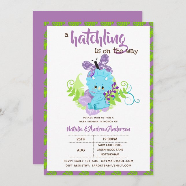 Invitación Un Hatchling está en camino de Dinosaur Baby Showe (Anverso / Reverso)