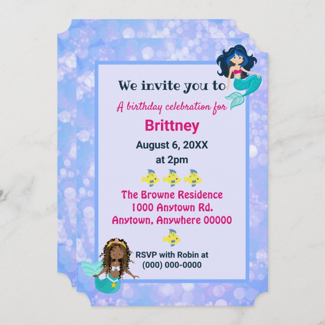 Invitación Un hermoso diseño de bokek de cumpleaños de sirena (Anverso / Reverso)