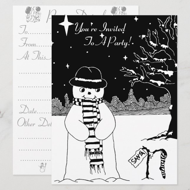 Invitación Un hombre de nieve alegre, navidades blancos y neg (Anverso / Reverso)