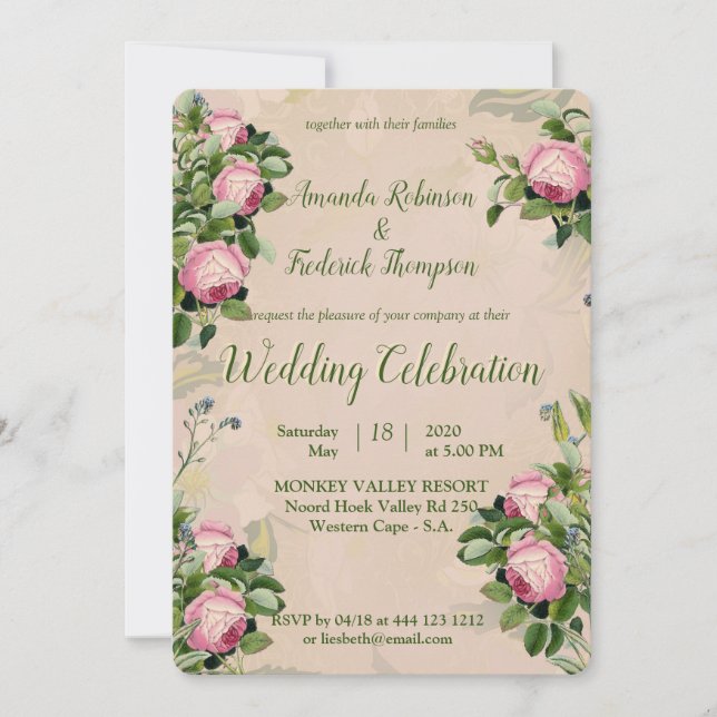 Invitación Un jardín victoriano verde con Boda de rosas rosad (Anverso)
