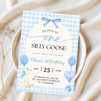 Invitación Un lazo azul de gingham de un ganso tonto para el 