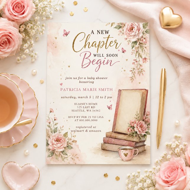 Invitación Un libro de historia de un nuevo capítulo para una (A new Chapter Story book Girl Baby Shower Invitation)