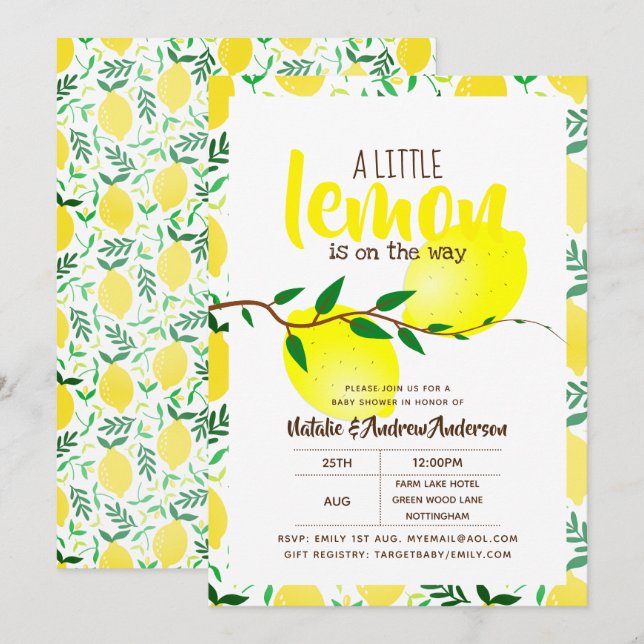 Invitación Un limón en el camino del Baby Shower amarillo fre (Anverso / Reverso)
