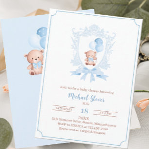 Invitación Un lindo bearly bebé ducha escudos azules agua