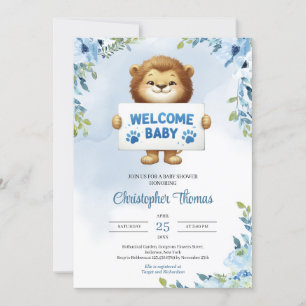 Invitación Un lindo león de bebé sosteniendo un cartel de bie