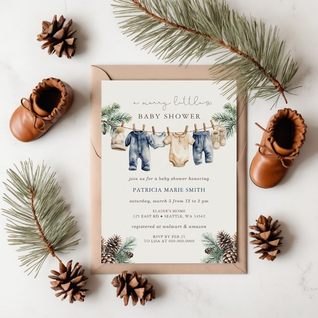 Invitación Un lindo Navidad de Baby Shower (Rustic Blue Boy Merry Little Christmas Baby Shower Invitations)