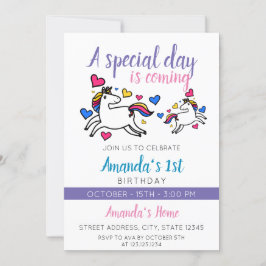 Invitación Un lindo unicornio colorido, primer cumpleaños