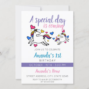 Invitación Un lindo unicornio colorido, primer cumpleaños