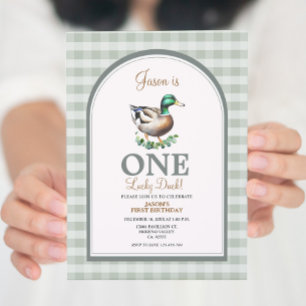 Invitación Un Lucky Mallard Ducks Green Gingham Primer Cumple