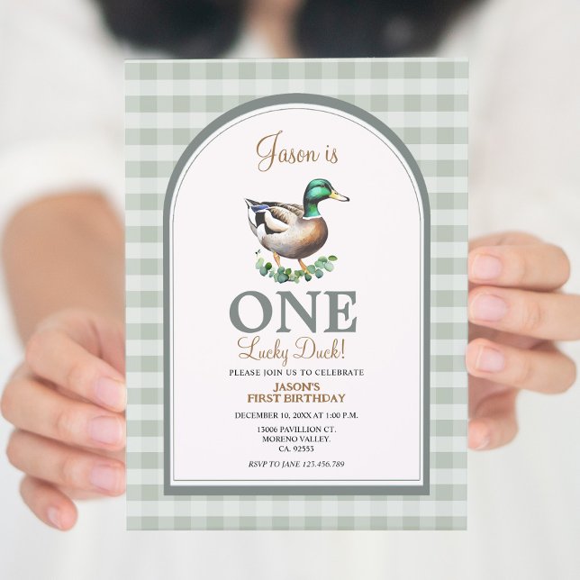 Invitación Un Lucky Mallard Ducks Green Gingham Primer Cumple (Subido por el creador)