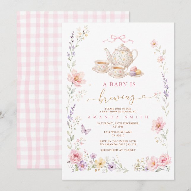 Invitación Un macarón de flores silvestres 'A Baby Is Brewing (Anverso / Reverso)