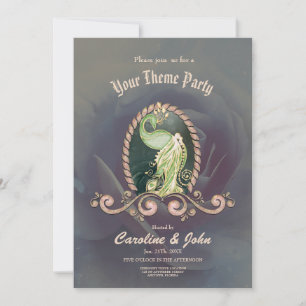 Invitación Un majestuoso pavo real en oro y verde.