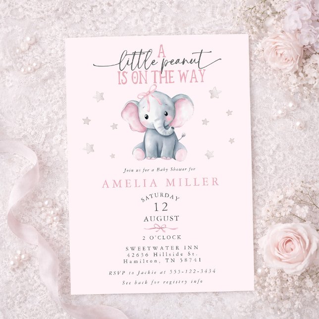 Invitación Un Maní en el Camino Elefante Rosa Baby Shower (A Peanut on the Way Elephant Pink Baby Shower Invitation)