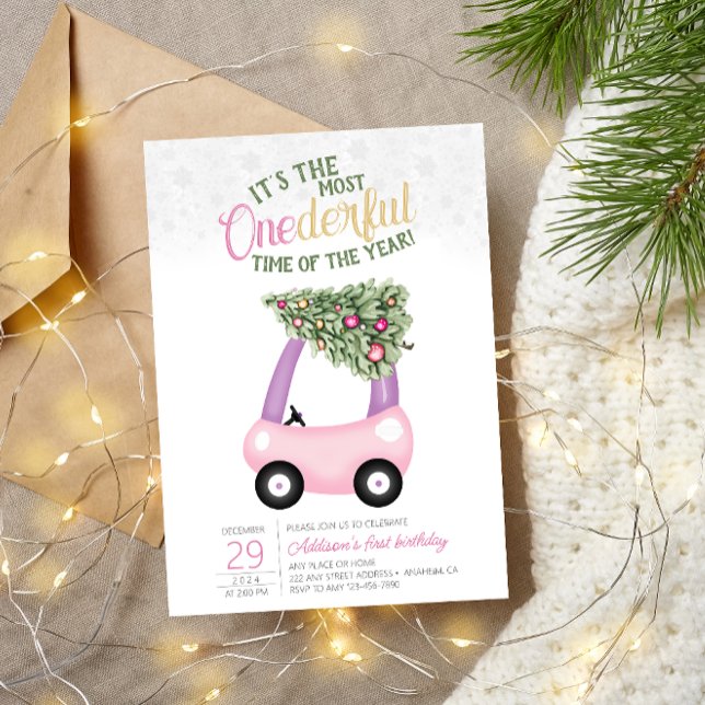 Invitación Un maravilloso tiempo del año coche rosa primer cu (Subido por el creador)