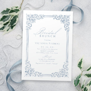 Invitación Un marco azul vintage Elegante Brunch de novia