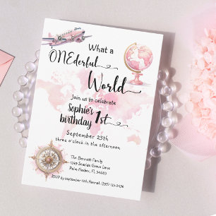 Invitación UN mundo maravilloso chica de viajes rosa primer c
