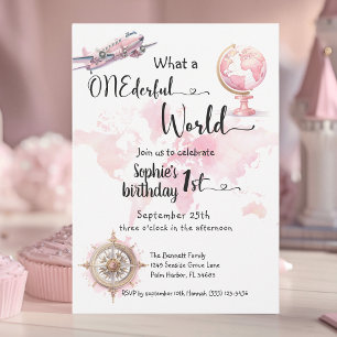 Invitación UN mundo maravilloso chica de viajes rosa primer c