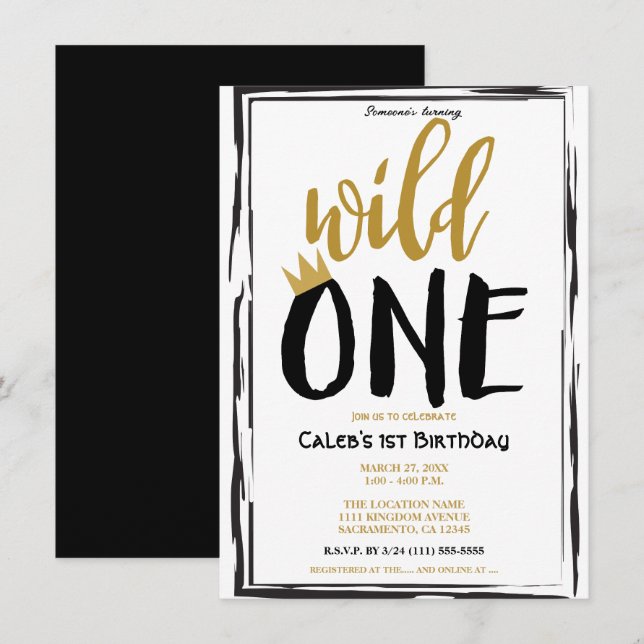 Invitación Un negro salvaje + foto de oro 1 cumpleaños (Anverso / Reverso)