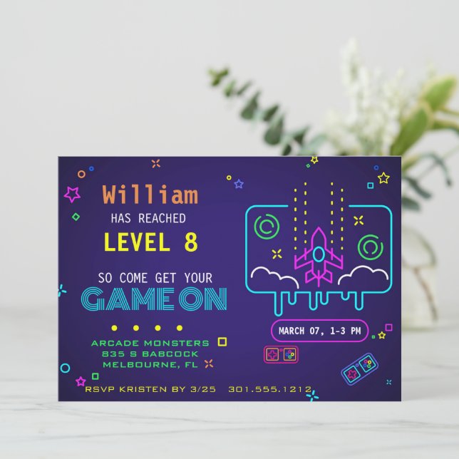 Invitación Un Neon Retro Gaming de Niños Fiesta de Cumpleaños (Anverso de pie)