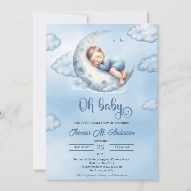 Invitación Un niño adormilado sobre la luna Oh bebé (Anverso)