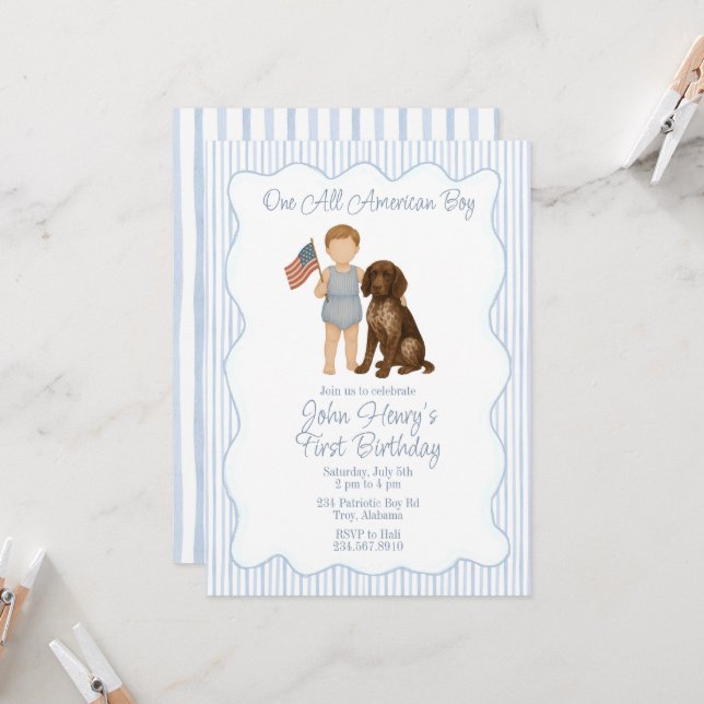 Invitación Un niño americano, dos rojos blancos, patriótico (Anverso/Reverso In Situ)