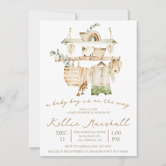 Invitación ¡Un niño bebé está en camino! Clothesline Baby Sho (Anverso)