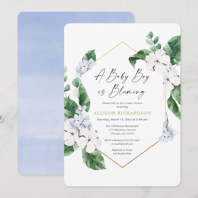 Invitación Un niño bebé está floreciendo azul primavera blanc (Anverso / Reverso)