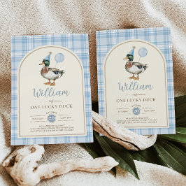 Invitación Un niño con globo azul del pato afortunado primer