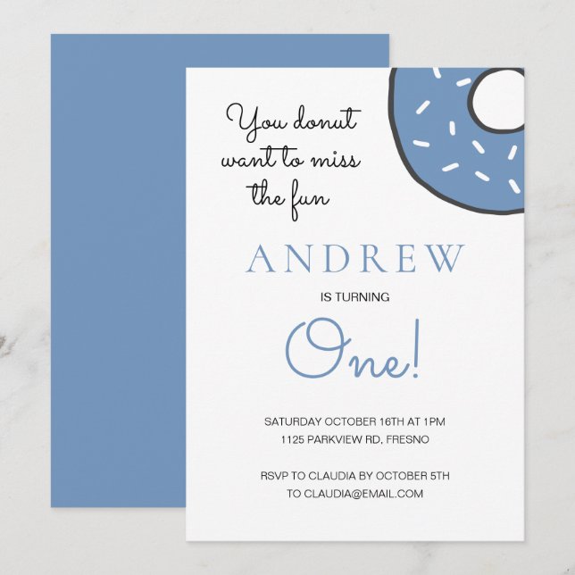 Invitación Un niño de Donut Azul lindo cumple un primer cumpl (Anverso / Reverso)