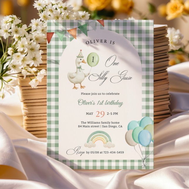 Invitación Un niño de un ganso tonto cumpleaños 1 verde (Subido por el creador)