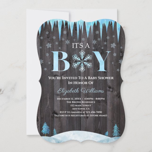 Invitación Un niño en Baby Shower de invierno de madera de ni (Anverso)