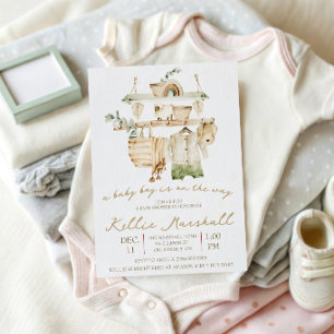 Invitación ¡Un niño está en camino! Ropa de bebé en la cuerda