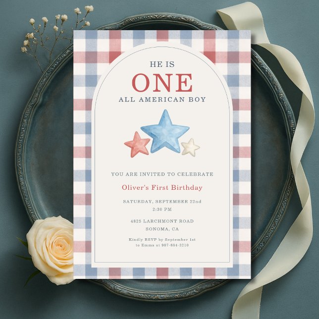 Invitación Un niño estadounidense gingham cumpleaños 1 (Subido por el creador)