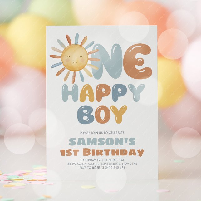 Invitación Un Niño Feliz Cumpleaños 1 Sol (One Happy Boy! Boy's sun 1st birthday invitation )