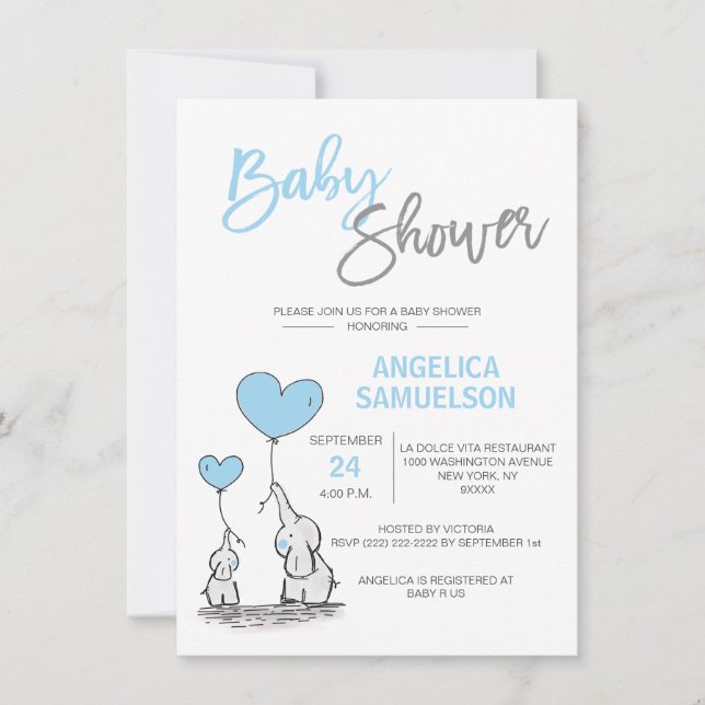 Invitación Un niño moderno, un elefante de mami azul y Baby S (Anverso)