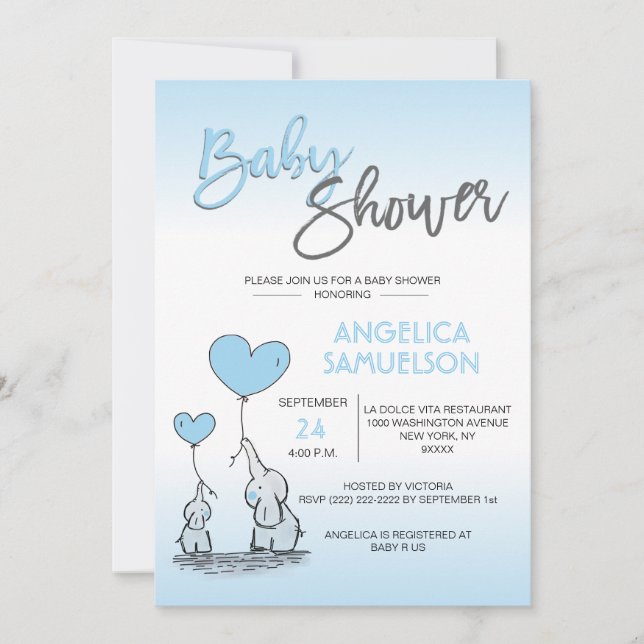 Invitación Un niño moderno, un elefante de mami azul y Baby S (Anverso)