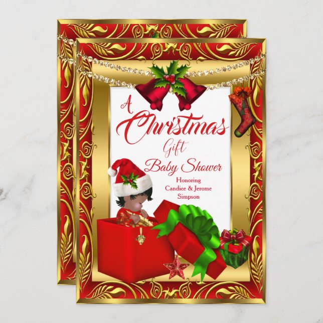 Invitación Un niño Navidad Chica Baby Shower Red Gold AA2 (Anverso / Reverso)