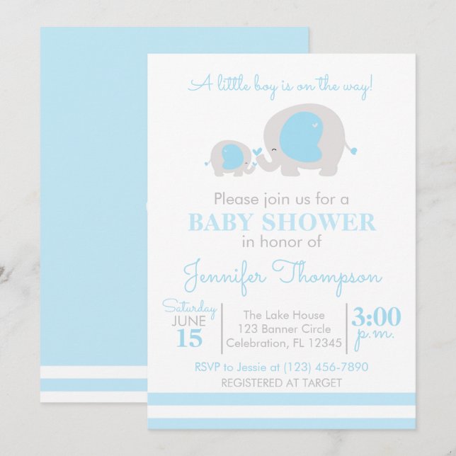 Invitación Un niño pequeño está en camino - Elefante azul y b (Anverso / Reverso)