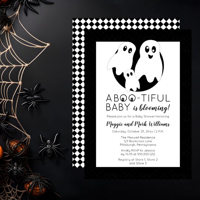 Invitación Un niño pequeño florece en la ducha de Halloween ("A BOO-Tiful [Beautiful] Baby Is Blooming!" Ghost-Themed Baby Shower Invitation)