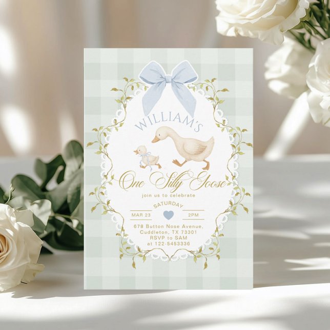 Invitación Un niño Silly Goose Gingham cumpleaños 1 (Subido por el creador)