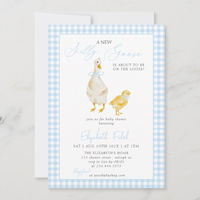 Invitación Un nuevo Baby Shower azul de Gingham (Anverso)