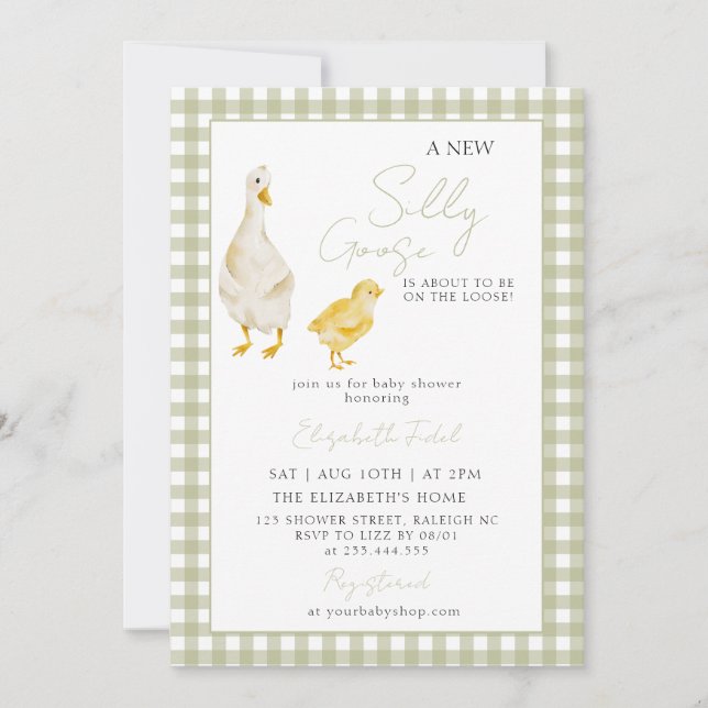 Invitación Un nuevo Baby Shower verde de Gingham (Anverso)