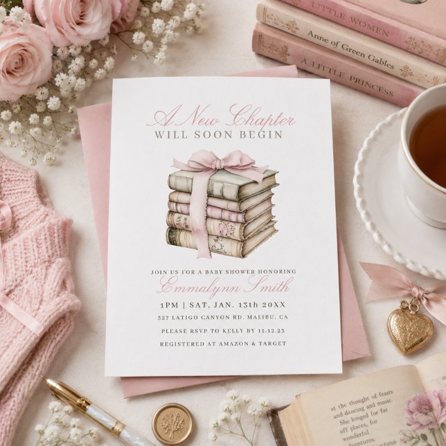 Invitación Un Nuevo Capítulo Comienza Arco Rosa Libro Fiesta  (Pink A New Chapter Begins Baby Shower Book stack Invite)