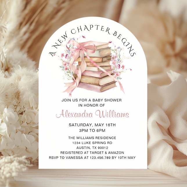 Invitación Un Nuevo Capítulo Comienza Fiesta de Bebé de Libro (A New Chapter Begins Pink Coquette Bow Books Baby shower Invitation)