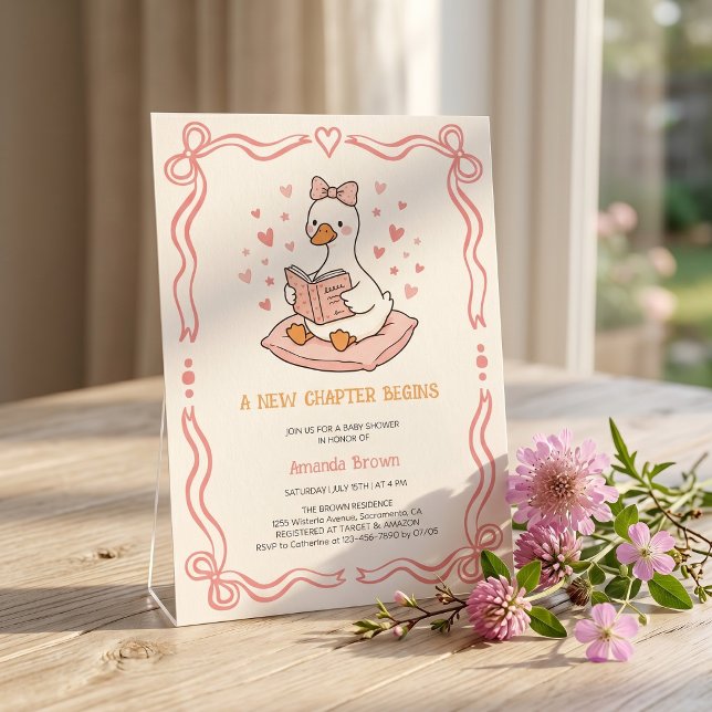 Invitación Un Nuevo Capítulo Comienza Fiesta de Bebé Niña Gan (Pink Bow Goose Storybook Baby Girl Shower A New Chapter Begins Cute Ribbon)