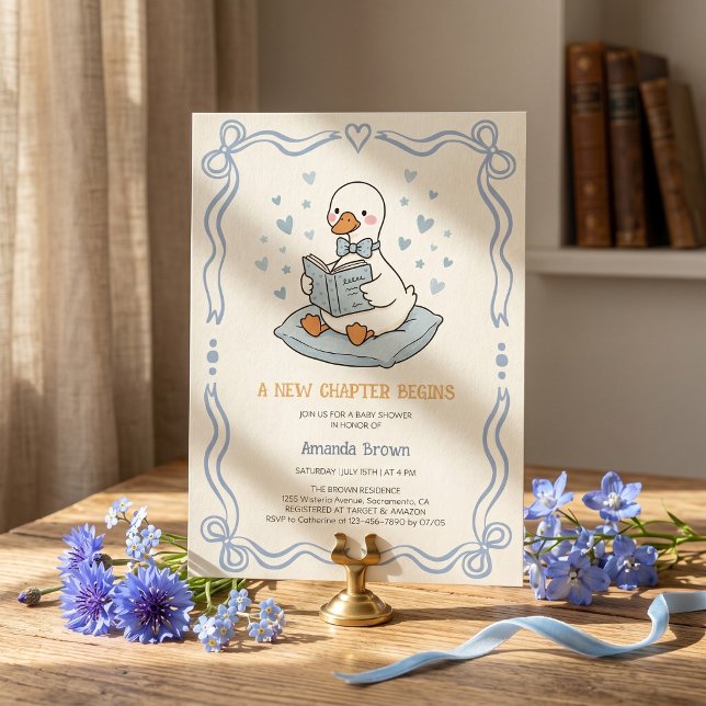Invitación Un Nuevo Capítulo Comienza Fiesta de Bebé Niño Gan (Blue Bow Goose Storybook Baby Boy Shower A New Chapter Begins Cute Ribbon)